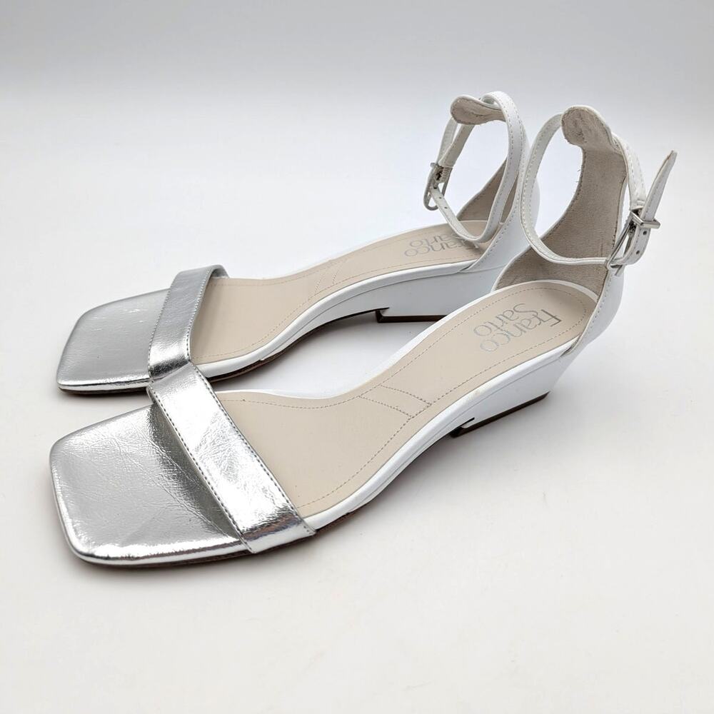 Franco Sarto Sadie Wedge Sandals Women's White/Silver Metallic Size US8M EU38.5